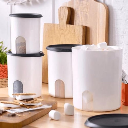 Tupperware One Touch Reminder Canisters 4 Canister Food Storage Set in White & Black, Dishwasher Safe and BPA Free, (4 Containers, 4 Lids) - color: 4 Canister Set - One-Touch White/Black