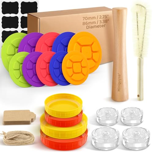 Mixed Mouth Fermentation Kit for Wide & Regular Mouth Canning Jars, 10 Silicone Fermentation Lids, 4 Glass Weights, 4 Storage Lids, Tamper, Tags, Stickers & Brush - style: Mixed Mouth / 86+70mm / Combo Kit
