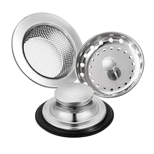 RQYEKDO 3-Pack Stainless Sink Drain Strainer Stopper Silver | Perforated filter basket, handheld grip, universal anti-clog, works with disposals, fits 3.5 inch drain basins - color: Silver