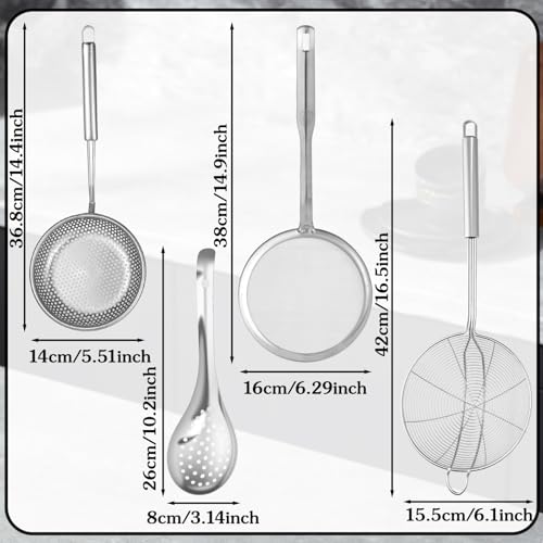 4 Pieces Spider Strainer Skimmer Spoon Set, Fine Mesh Strainer and Fat Skimmer Spoon Set, Stainless Steel Metal With HoleSieve Food Strainers with Hanging Holes, for Cooking, Fat, Grease, Floating Foa