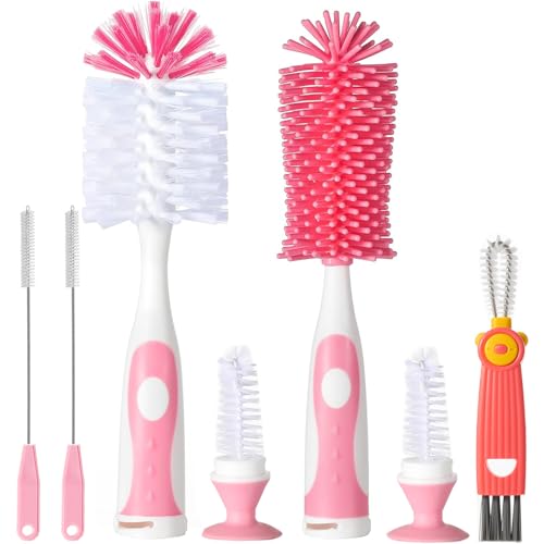 5 in 1 Bottle Cleaner Brush Set with Nylon and Silicone Bottle Brush, Straw Brush, Bottle Brush with Nipple Cleaner and Suction Cup, Cup Lid Cleaner Brushes Kit, BPA-Free (Pink) - color: Pink-nylon & Silicone Brush
