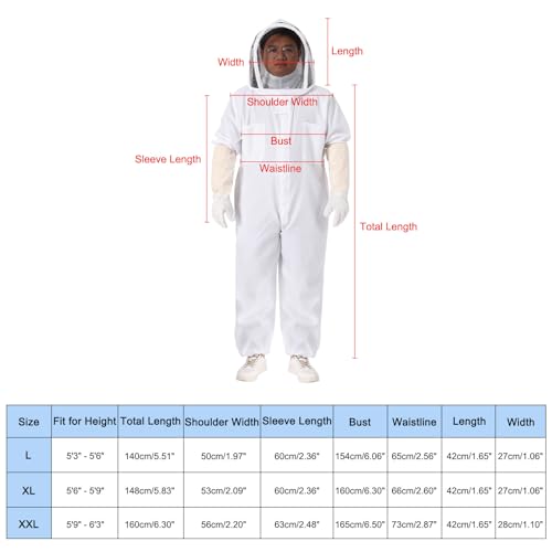 HARFINGTON Bee Suit for Men and Women L Beekeeping Suits Outfit with Veil Hood and Glove for Backyard Professional and Beginner Bee Keeper, White - size: L