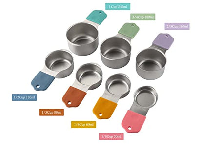 Magnetic Measuring Cups and Spoons Set Including 7 Stainless Steel Heavy Duty Measuring Cup 8 Double Sided Measuring Spoons with 1 Leveler for Dry and Liquid Ingredients (Color) - color: Color