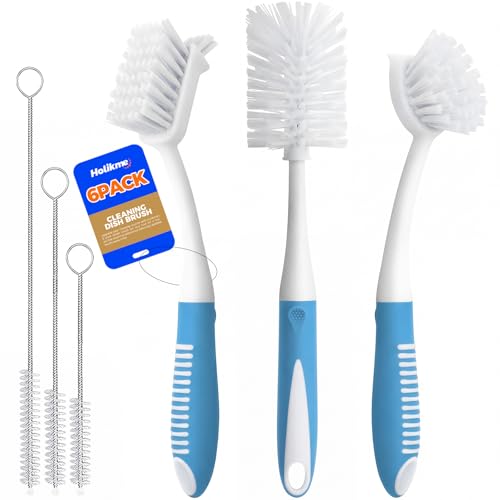 Holikme 6 Pack Dish Brush Set with Bottle Brush, Dish Scrub Brush, Pan Brush and 3 Straw Brushes, Deep Cleaning Handle Brush with Scraper Tip for Kitchen Sink Dishes Bottle Cup Pot and Pans (Azul) - color: Azul