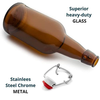 Chef's Star 16 Oz Empty Beer Bottles, Swing Top Glass Bottles, Flip Top Glass Bottle with Caps, Fermentation Home Brewing Kombucha Beer and Coquito, Amber, Set of 4