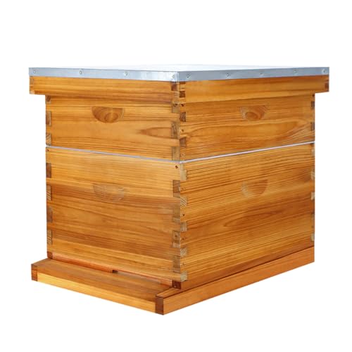 10 Frame Langstroth Beehive Kit Dipped in Heavy Beeswax Bee Hives with 1 Deep Bee Box and 1 Medium Bee Hive Box with Frame and Foundation(Unassembled) - size: 2 Layer