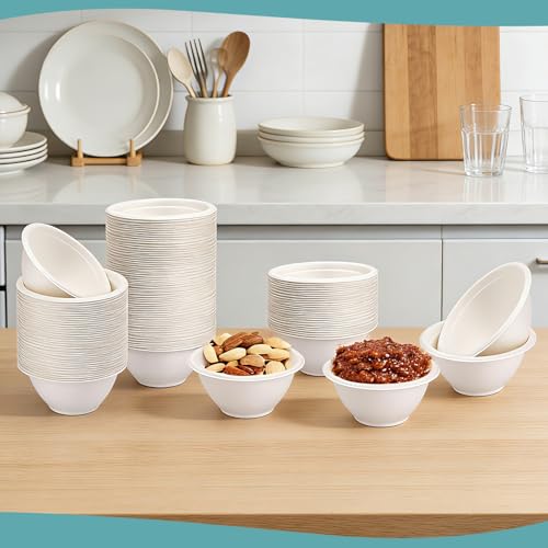 LeonBach 100 Pack 6oz Natural Bagasse Fiber Bowls, Small Disposable Paper Bowls Microwavable Safe Sample Snack Cups Charcuterie Serving Cups for Sauce Portion Condiment Ice Cream Desserts, White - color: White, style: 6oz-100 Pack