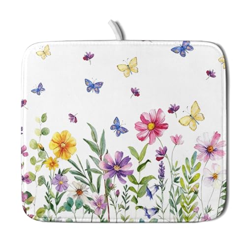 Wildflower Dish Drying Mat for Kitchen 18x16 Inch Colorful Floral Butterfly Drying Mat with Absorbent Reversible Microfiber Season Spring Dish Drainer Mats Rack Pad for Coffee Countertop Protector - color: Colorful Floral, size: 18" x 16"
