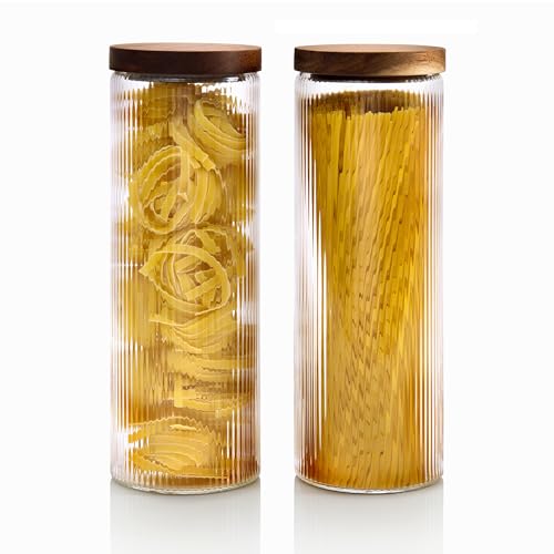 Mason & Fable Ribbed Glass Canisters or Spaghetti Jars with Airtight Wood Lid- Tall Storage Containers for Pasta, Cereal or Flour -Ideal for Kitchen/Pantry Organization - 60 fl.oz, Set of 2 - color: Spaghetti Jars-60oz-2x