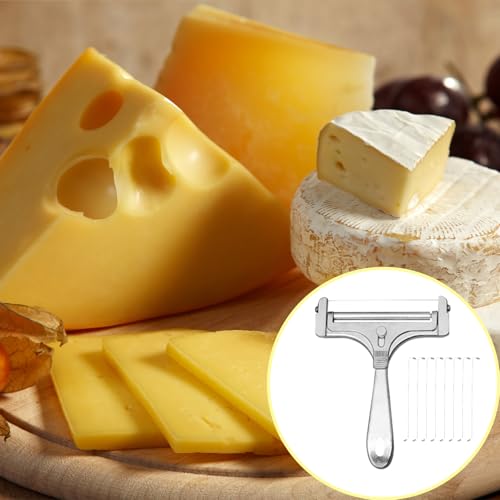 6 Pcs Cheese Slicer Set with Wire Cutter & Spatula, Matte Silver Stainless Steel Cheese Cutter for Block Cheese, Adjustable Handheld Cheese Slicer for Kitchen Butter Sandwich Making (Includes 8 Wires)