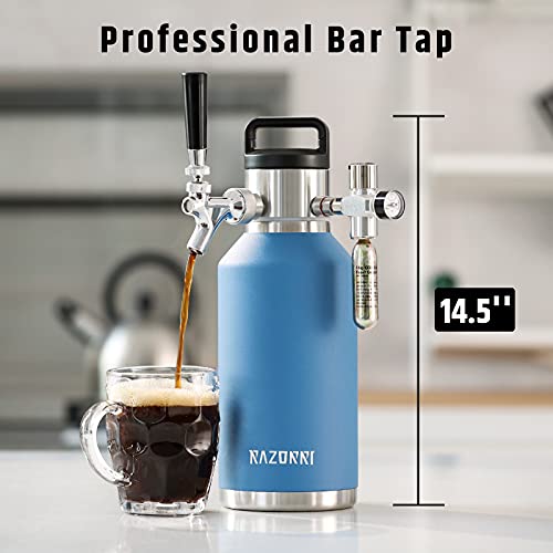 Razorri 64oz Stainless Steel Beer Growler, Double-Wall Vacuum Insulated Carbonated Keg with Professional Bar Tap and Pressurized CO2 Regulator, 0.5 Gallon, Ocean Blue - style: 64 OZ (0.5 Gal.)