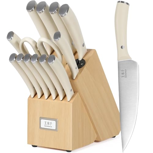 WANGMAZI 15 Pcs Knife Block Set, Japanese High Carbon Stainless Steel Sharp Blade Knife Set, Razor Sharp Knives Set for Kitchen, Dishwasher Safe, Elegant Box for Men Women, Natural - color: 01-Natural
