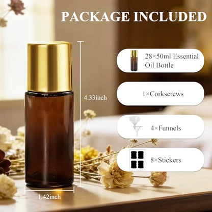 28 Pack 50ml Roller Bottles for Essential Oils - Refillable Amber Glass Roll Bottles with Roller Ball and Golden Caps for Travel, Perfume, and Personal Care