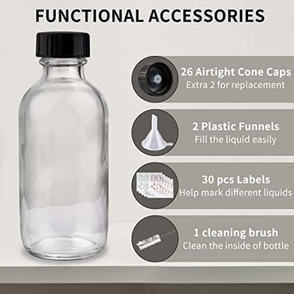 PINIWON 24 Pack 4 oz Clear Glass Bottles, 120ml Boston Round Sample Bottles with Black Poly Cone Caps, Labels, Funnels and Brush - color: Clear-24 pack