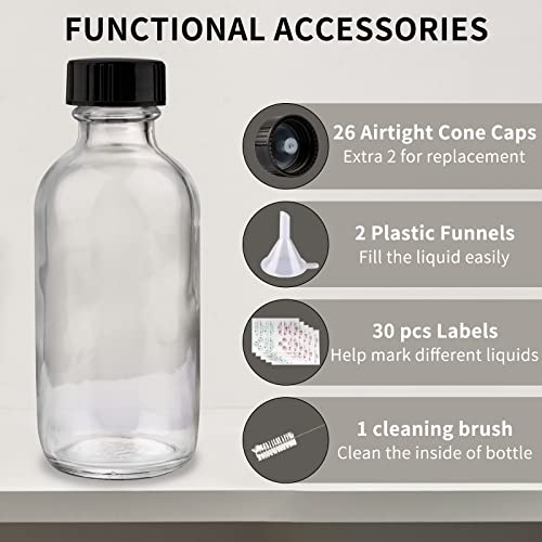 PINIWON 24 Pack 4 oz Clear Glass Bottles, 120ml Boston Round Sample Bottles with Black Poly Cone Caps, Labels, Funnels and Brush - color: Clear-24 pack