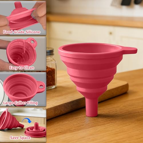 4PCS Silicone Collapsible Funnels Set for Kitchen Use Compact and Portable Liquid Transfer Tool, Collapsible Gadgets(Pink) - color: 4PCS-Pink