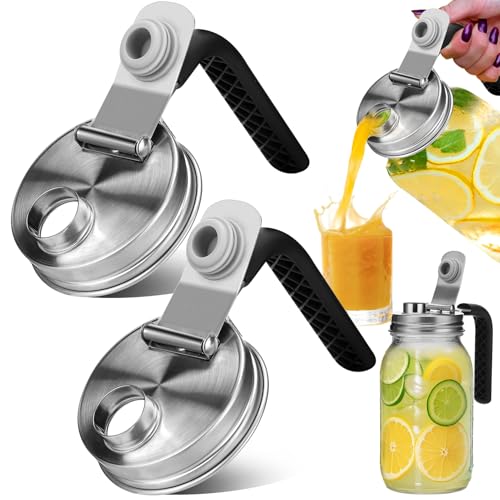 Mason Jar Pour Spout Lid Stainless Steel with Handle, Regular Mouth Pour Spout Flip Cap Lids for Mason Jars, Anticracking Leak Proof Seal Cover Airtight for Drinking Salad Dressing Food Storing(2PCS) - style: Regular Mouth Stainless Steel Lid with Handle