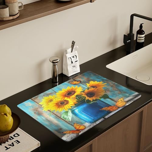 Butterfly Sunflowers Jar Dish Drying Mat for Kitchen Counter Highly Absorbent Coffee Bar Mat Heat Resistant Dish Rack Pad for Sink Utensils Draining Racks 19.7" x 15.7" - size: 19.7x15.7inch