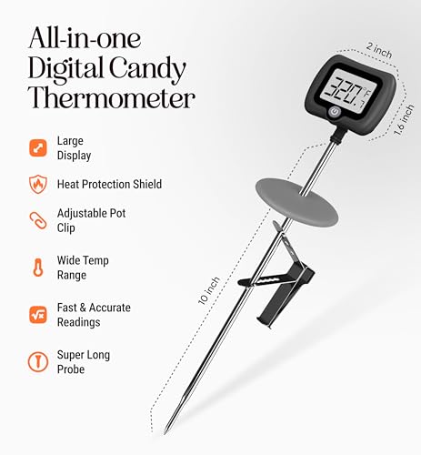 Digital Candy Thermometer with Pot Clip, 10" Long Stainless Steel Probe, Instant Read Kitchen Thermometer for Cooking, Baking, and Candy Making (Dark Gray) - color: Dark Gray