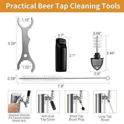 5FT PVC Beer Line & Stainless Beer Tower Faucet Beer Shank Kit, Self-Closing Beer Faucet Kegerator Tower Faucet Replacement Parts with 3/16'' ID Kegerator Line Beer Tap Cleaning Brush Cover Wrench Kit