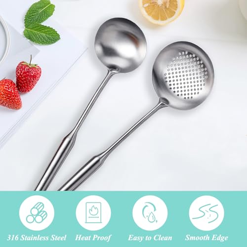 Soup Ladle and Slotted Spoon Set of 2, Metal 316 Stainless Steel Kitchen Ladles Food Strainer, Large Cooking Ladel and Fryer Scoop Kitchen Utensil Set for Stirring Serving Draining Frying - style: 2PCS