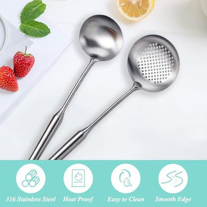 Soup Ladle and Slotted Spoon Set of 2, Metal 316 Stainless Steel Kitchen Ladles Food Strainer, Large Cooking Ladel and Fryer Scoop Kitchen Utensil Set for Stirring Serving Draining Frying - style: 2PCS
