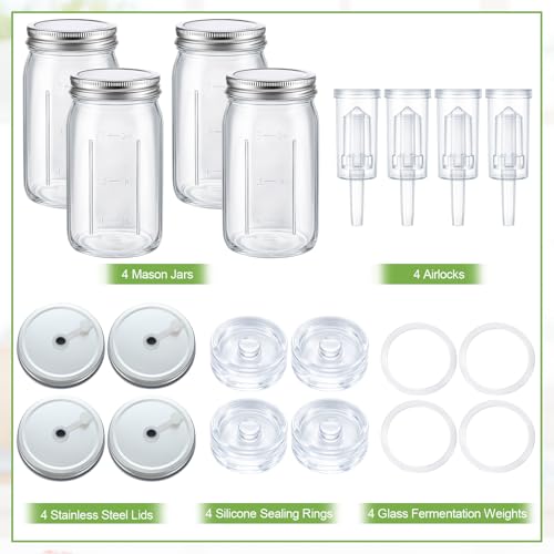 Leinuosen 32 oz 4 Sets Fermentation Kit for Wide Mouth Mason Include Fermentation Glass Jars and Lids, Fermenting Weights, Airlocks, Silicon Rings Accessory for Complete Making and Storing Sauerkraut