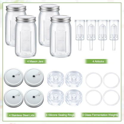 Leinuosen 32 oz 4 Sets Fermentation Kit for Wide Mouth Mason Include Fermentation Glass Jars and Lids, Fermenting Weights, Airlocks, Silicon Rings Accessory for Complete Making and Storing Sauerkraut