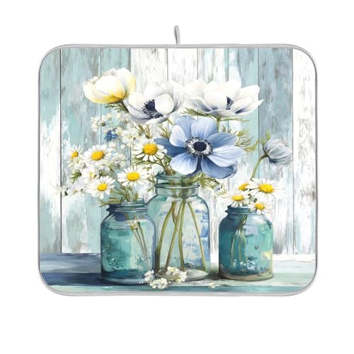 Rustic Daisy Flower Mason Jars Dish Drying Mat 16 x 18 Inch Kitchen Counter Mat Absorbent Dishes Rack Pad for Countertops Sinks Draining Mats - size: 18" x 16"