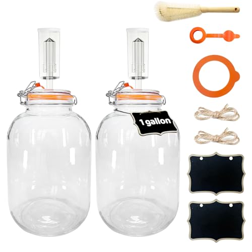 Klemon Fermentation Jar, 2 Pack 1 Gallon Pickle Kit,Glass Fermenting Jar with Fermenting Weights,Airlocks,Brush,Sealed fermentation lids Tracks ferment date - size: 3.7L/1 Gallon