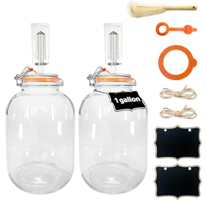 Klemon Fermentation Jar, 2 Pack 1 Gallon Pickle Kit,Glass Fermenting Jar with Fermenting Weights,Airlocks,Brush,Sealed fermentation lids Tracks ferment date - size: 3.7L/1 Gallon