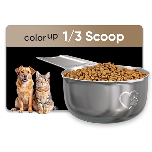 Color Up ⅓ Cup Pet Food Scoop – Stainless Steel Dog Food Scoop Cup – Rust-Resistant, Durable Measuring Scoop for Dogs, Cats, Birds & Rabbits – Ideal for Dry Food & Treats - size: 1/3 Scoop (1/3 Cup)