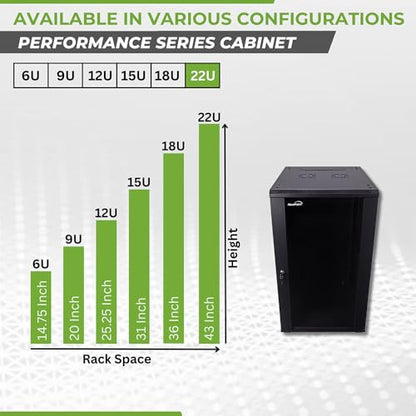 NavePoint 22U Server Cabinet Wall Mount Rack Enclosure with Caster Wheels, 2 Fans, Locking Glass Door, Removable Side Panels – 22U Network Cabinet 23.6” Deep, 19” Server Rack for A/V Equipment - size: 22U - 600mm Depth