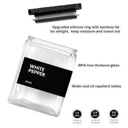Glass Spice Jars with Bamboo Lid, 4oz Square Spice Containers for Pantry Organization, Seasoning Bottles with Labels, Spoons, Funnel for Salt Sugar - color: Black