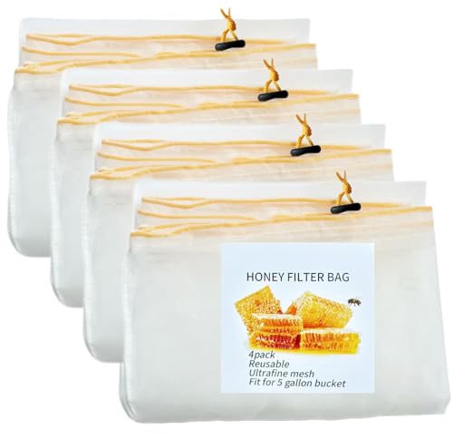 SPMKTQK Honey Strainer, 4 Pcs Honey Filter Bag Ultra-Fine Mesh Strainer with Adjustable Drawstring, Beginner Honey Extractor Equipment in a 5 Gallon Bucket, Bee Supplies Reusable and Washable