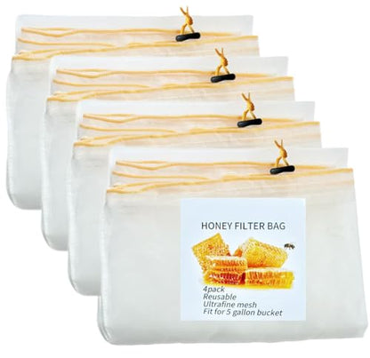 SPMKTQK Honey Strainer, 4 Pcs Honey Filter Bag Ultra-Fine Mesh Strainer with Adjustable Drawstring, Beginner Honey Extractor Equipment in a 5 Gallon Bucket, Bee Supplies Reusable and Washable
