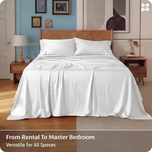 Bedsure PureWoven 100% Rayon Derived from Bamboo, Queen Sheets, 4 Pieces | Cooling Sheets for Hot Sleepers, Breathable & Silky Soft, 16" Deep Pocket, Hotel Luxury Bedding, White - color: 02 - White, size: Queen