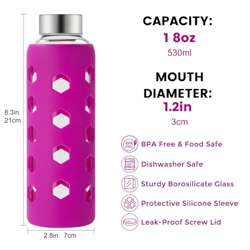 Mrsdry Glass Juice Bottles with Lids and Silicone Sleeves 18 oz, 4-Pack Reusable Clear Glass Water Bottles with Stainless Steel Airtight Cap for Juicing, Refrigerator, BPA Free Leak-Proof Drinking Jar - color: Pink