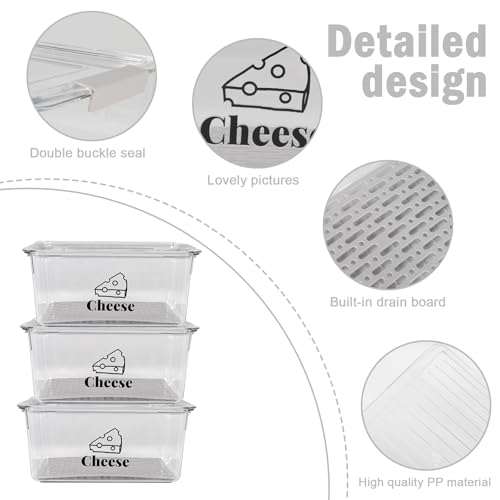 Cheese Holder Food Storage, Airtight Cheese Storage Box with Lid- Non Toxic, Lunch Meat Storage Sandwich Ham Cheeses Salami Sliced Turkey for Refrigerator to Keep Food Fresh,Clear-3Pack