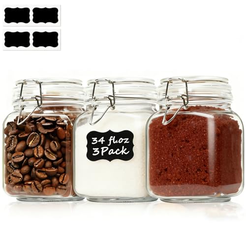 ComSaf Square Glass Pantry Jars with Airtight Lids 34 oz 3 Pack Coffee | Coffee beans, Tea sugar flour, Coffee station, Pantry organization, Small apartments, Countertop storage, Pickle - size: 34oz*3