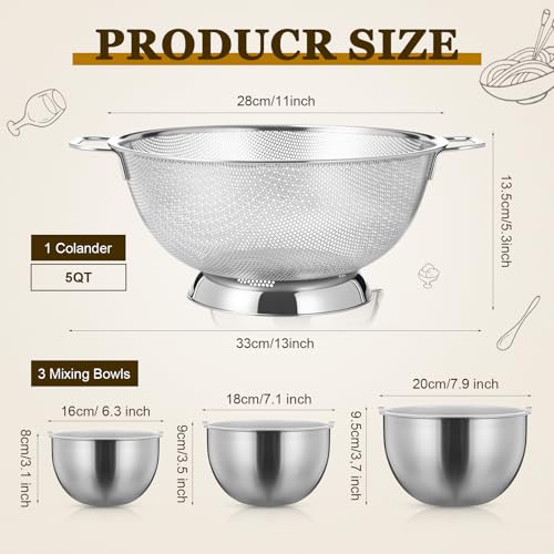 Geetery 7 Pcs Stainless Steel Kitchen Accessories Set 3 Nesting Mixing Bowls with Lid(1.5/3/5qt), 1 Colander with Handle(5qt), 3 Fine Mesh Strainers(8/14/20cm) for Cooking, Baking, Prepping, Draining