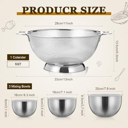 Geetery 7 Pcs Stainless Steel Kitchen Accessories Set 3 Nesting Mixing Bowls with Lid(1.5/3/5qt), 1 Colander with Handle(5qt), 3 Fine Mesh Strainers(8/14/20cm) for Cooking, Baking, Prepping, Draining