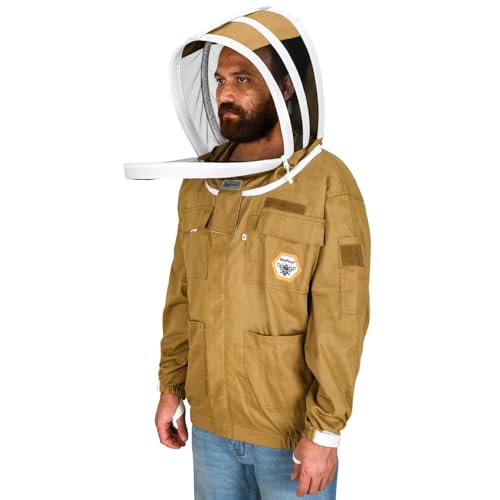 Beekeeping Jacket with Fencing Veil - Breathable Cotton Beekeeper Suit with YKK Zippers & Protective Hood (BP-101-Brown)-M - color: Khaki, size: Medium