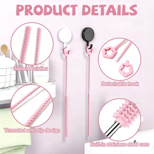 AONEZ Straw Cleaner Brushes Set of 4 - Silicone Straw Cleaner Brush - Straw Brush with Non-Slip Handle in Extra-Long Straw Brush for Metal, Glass, Plastic Reusable Drinking Straws