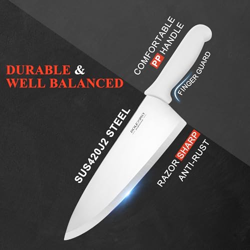 10 inch Japanese High Carbon Stainless Steel Chef Knife, Professional Sharp Wide Cook Knife with Non-slip Ergonomic Handle, for Kitchen Home Restaurant (White) - color: White