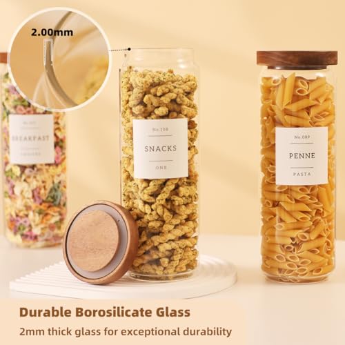 3 Pack Glass Canisters with Airtight Acacia Lids and 132 Kitchen Pantey Labels Preprint - 45 Fl Oz Borosilicate Glass Pantry Storage Jars Containers with Wooden Lids for Tea,Sugar,Cookie,Coffee,Nuts - size: 45oz-3 Pack