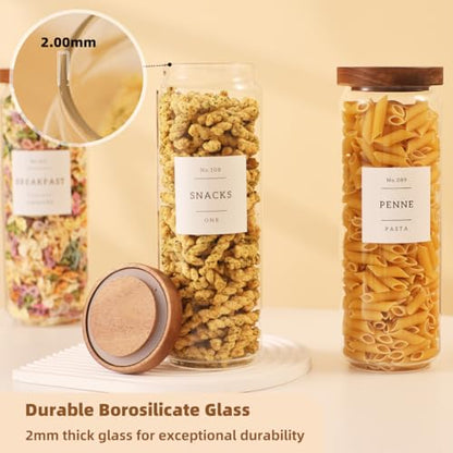 3 Pack Glass Canisters with Airtight Acacia Lids and 132 Kitchen Pantey Labels Preprint - 45 Fl Oz Borosilicate Glass Pantry Storage Jars Containers with Wooden Lids for Tea,Sugar,Cookie,Coffee,Nuts - size: 45oz-3 Pack