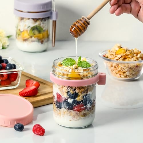 6 Pack Overnight Oats Containers with Lids and Spoons, 16 oz Glass Mason Overnight Oats Jars, Large Capacity Airtight Jars for Milk, Cereal, Fruit - color: 6 colors