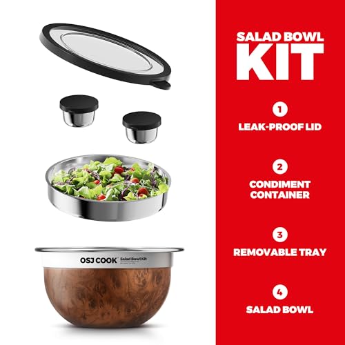74oz Salad Bowl Kit with Lid & Tray, Scratch-Resistant 18/8 Stainless Steel Salad Bowls To Go For Lunch, Large Leak-Proof Container with 2 Condiment Canisters, Wood - color: Brown