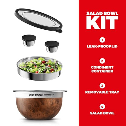 74oz Salad Bowl Kit with Lid & Tray, Scratch-Resistant 18/8 Stainless Steel Salad Bowls To Go For Lunch, Large Leak-Proof Container with 2 Condiment Canisters, Wood - color: Brown